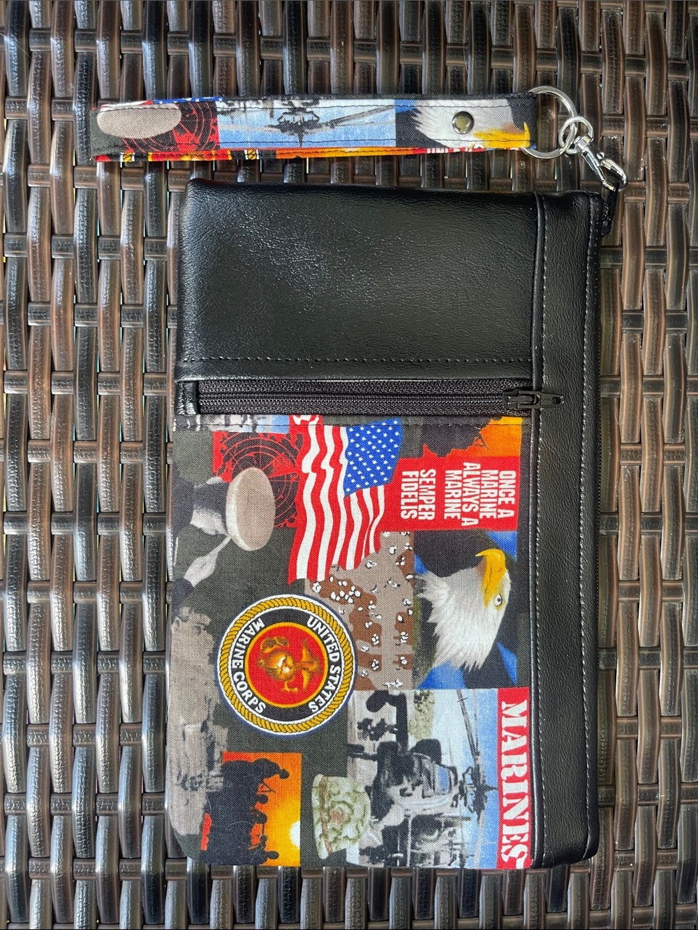 Black Patriotic Print Wristlet Clutch with US Marines Graphics